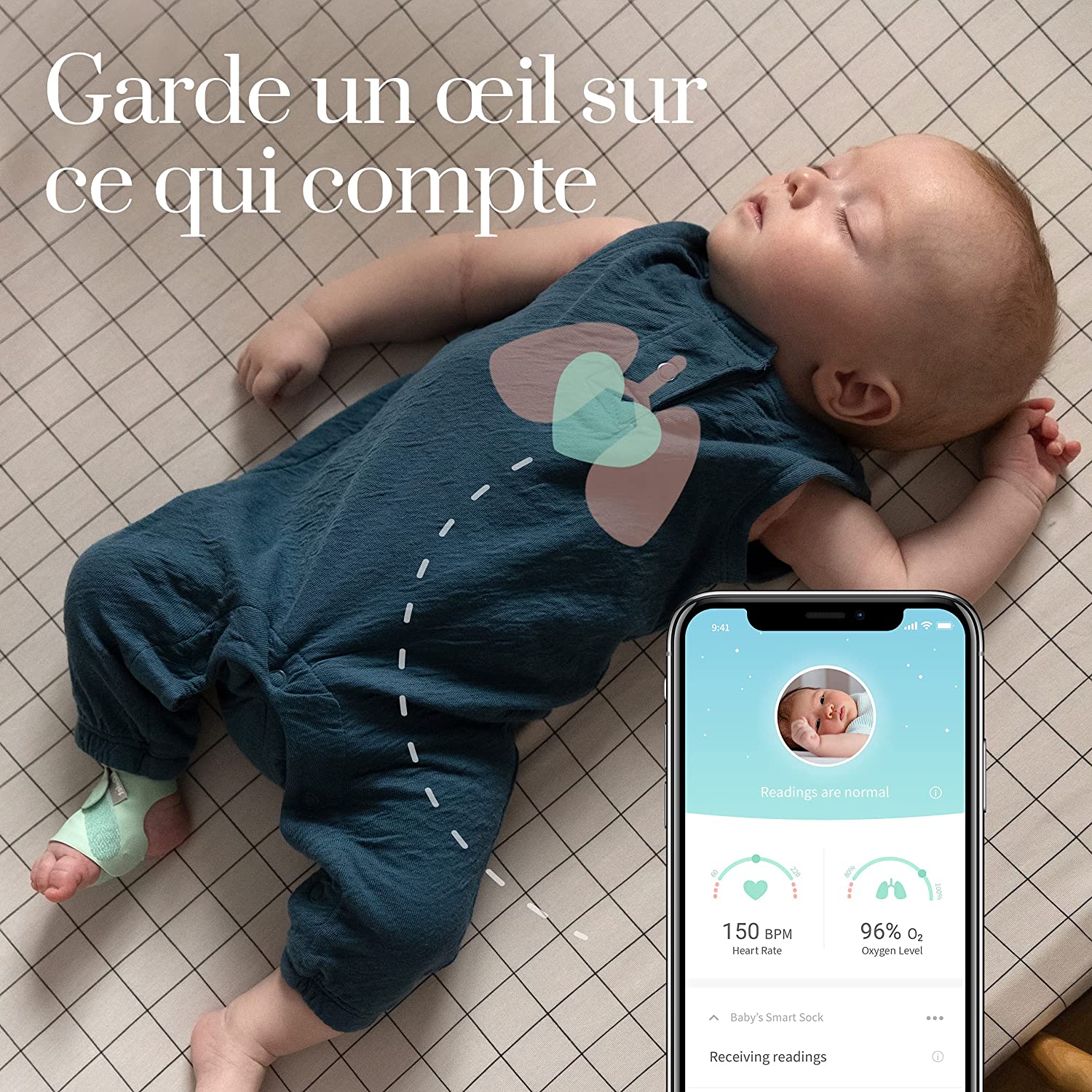 Le moniteur de sommeil pour bébé, chaussette intelligente portable, suit le  niveau d'O2, la fréquence cardiaque et les mouvements du nourrisson, avec  notifications d'application, convient aux bébés de 0 à 36 mois –
